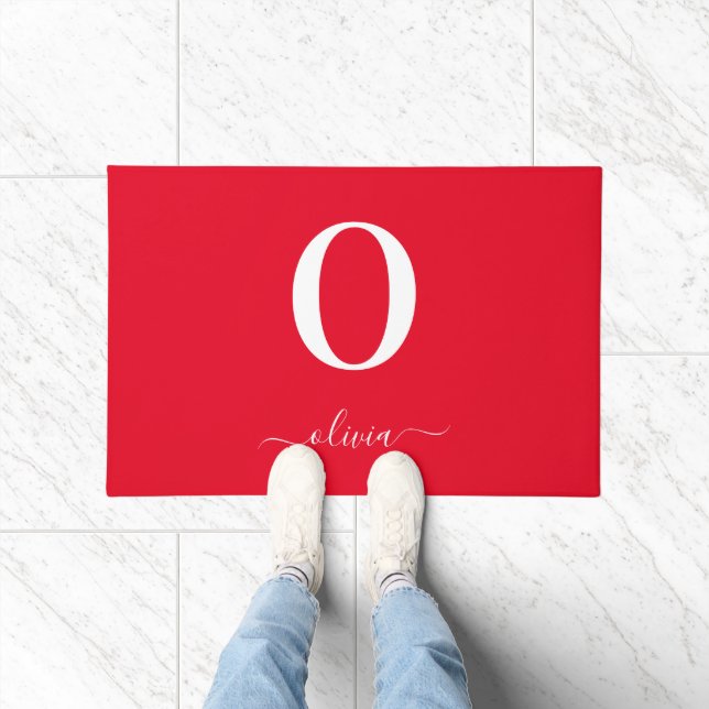 Monogram Script Name Personalised Red And White Doormat (Indoor)