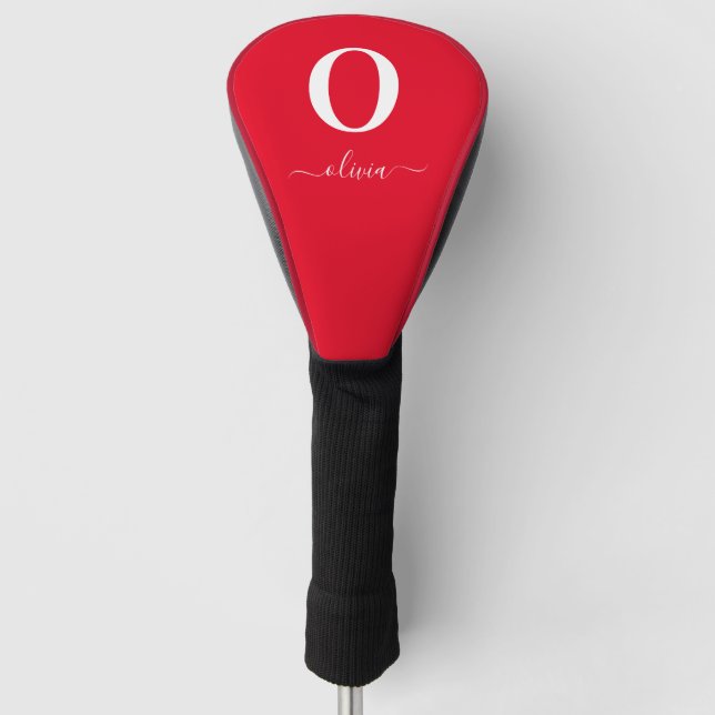 Monogram Script Name Personalised Red And White Golf Head Cover (Front)