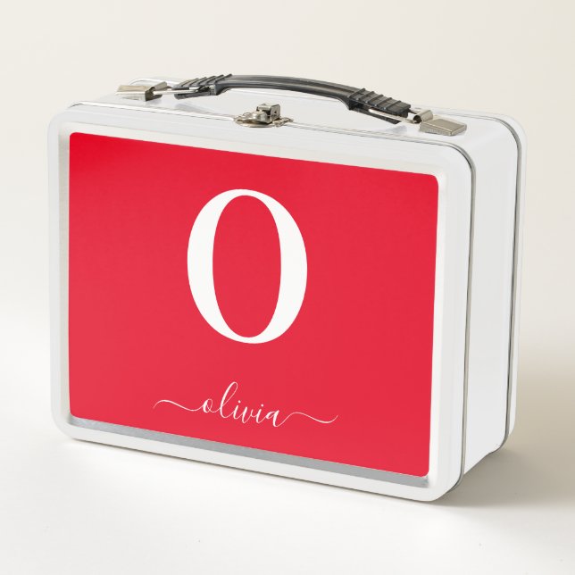 Monogram Script Name Personalised Red And White Metal Lunch Box (Front)