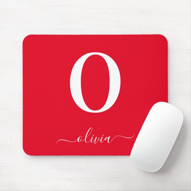 Monogram Script Name Personalised Red And White Mouse Pad (With Mouse)