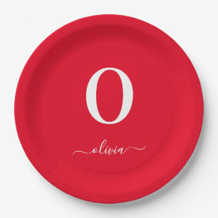 Monogram Script Name Personalised Red And White Paper Plate