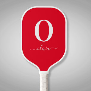 Monogram Script Name Personalised Red And White Pickleball Paddle