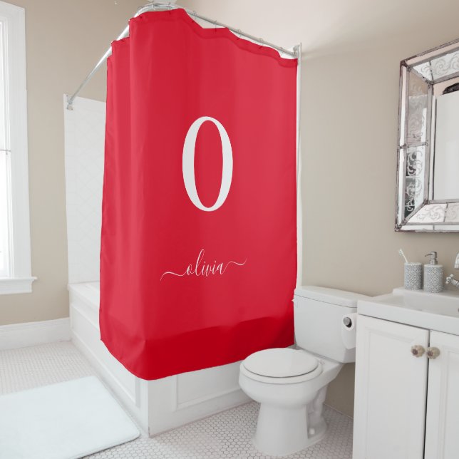 Monogram Script Name Personalised Red And White Shower Curtain (In Situ)
