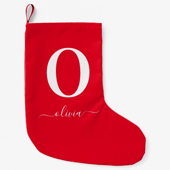 Monogram Script Name Personalised Red And White Small Christmas Stocking (Front)