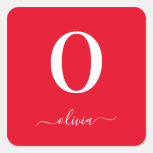 Monogram Script Name Personalised Red And White Square Sticker