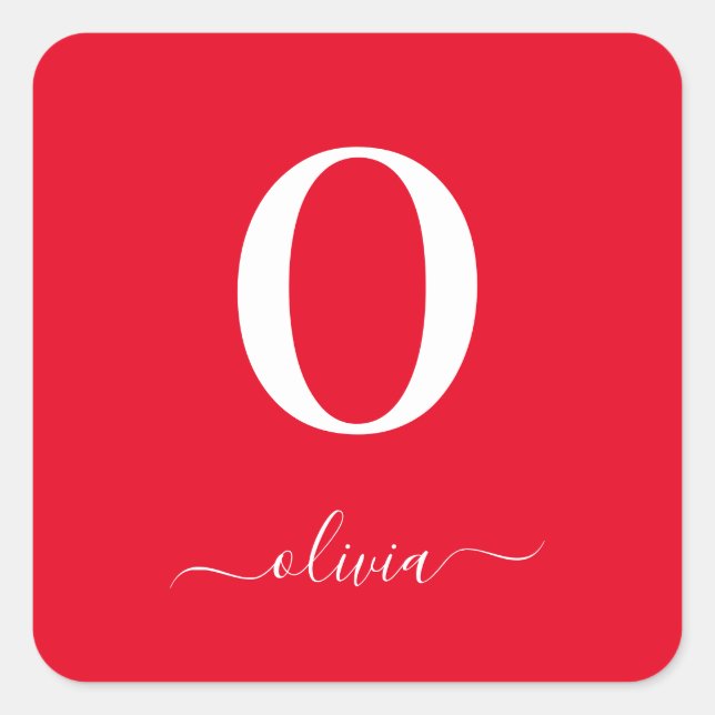 Monogram Script Name Personalised Red And White Square Sticker (Front)
