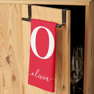 Monogram Script Name Personalised Red And White Tea Towel