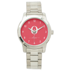 Monogram Script Name Personalised Red And White Watch