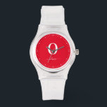 Monogram Script Name Personalised Red And White Watch<br><div class="desc">This stylish monogram and elegant script name design can be given as a gift for a birthday,  wedding favour,  bridal shower or any occasion. It can be customised with the person's initial and name.</div>