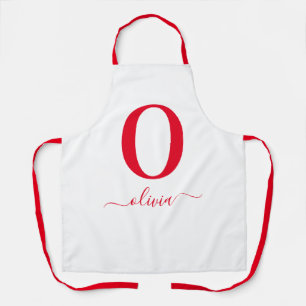 Monogram Script Name Personalised White And Red Apron