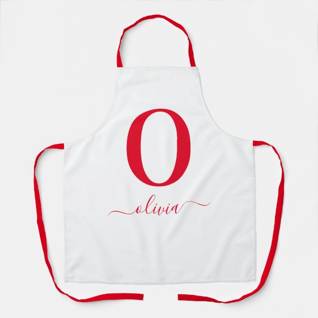 Monogram Script Name Personalised White And Red Apron (Front)