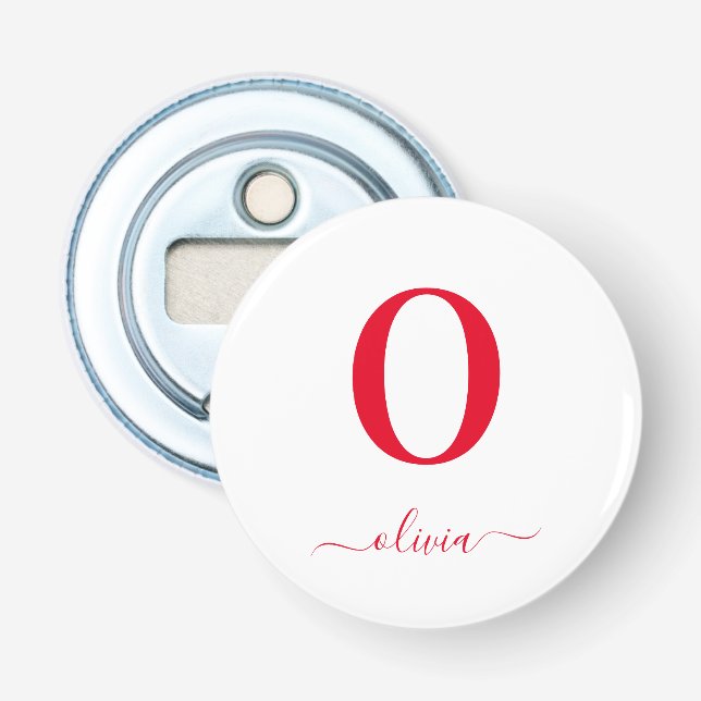Monogram Script Name Personalised White And Red Bottle Opener (Front)