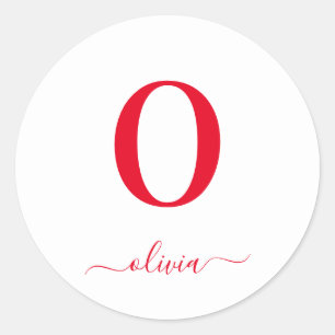 Monogram Script Name Personalised White And Red Classic Round Sticker