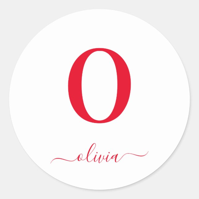 Monogram Script Name Personalised White And Red Classic Round Sticker (Front)