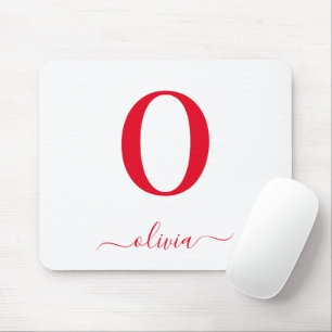 Monogram Script Name Personalised White And Red Mouse Pad