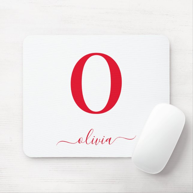 Monogram Script Name Personalised White And Red Mouse Pad (With Mouse)