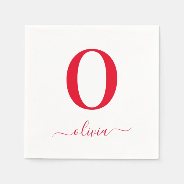 Monogram Script Name Personalised White And Red Napkin (Front)