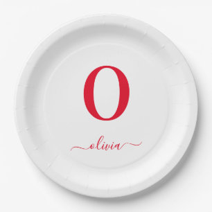 Monogram Script Name Personalised White And Red Paper Plate