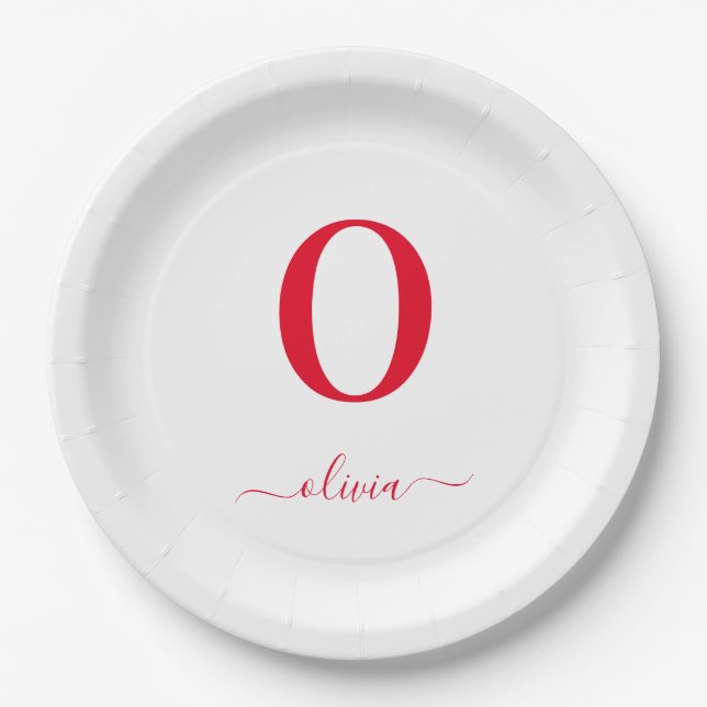 Monogram Script Name Personalised White And Red Paper Plate (Front)