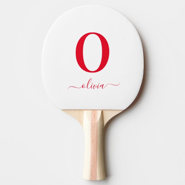 Monogram Script Name Personalised White And Red Ping Pong Paddle (Front)