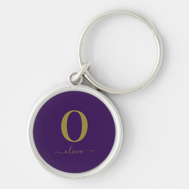 Monogram Script Name Personalized Purple And Gold Key Ring (Front)