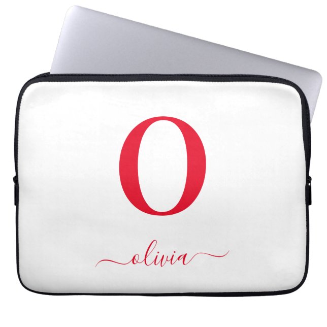 Monogram Script Name Personalized White And Red Laptop Sleeve (Front)