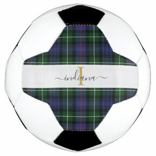 Monogram Script Name Plaid Purple Green Tartan Soccer Ball