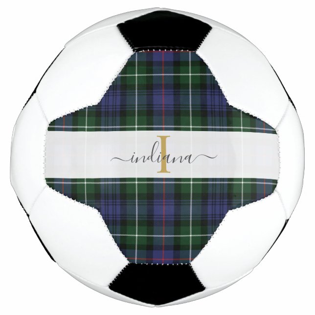 Monogram Script Name Plaid Purple Green Tartan Soccer Ball (Front)