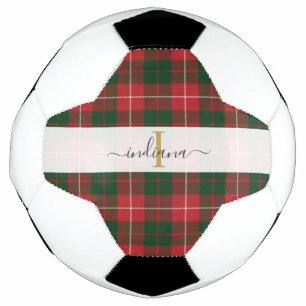 Monogram Script Name Plaid Red Green Tartan Soccer Ball