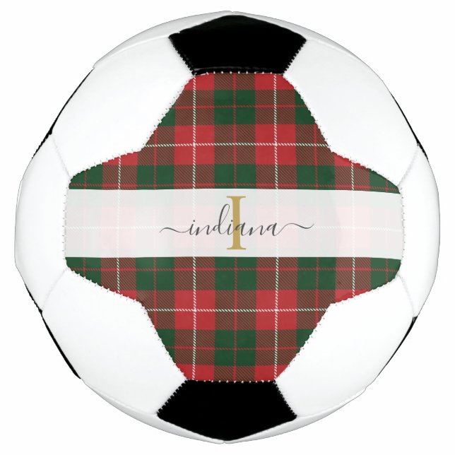 Monogram Script Name Plaid Red Green Tartan Soccer Ball (Front)