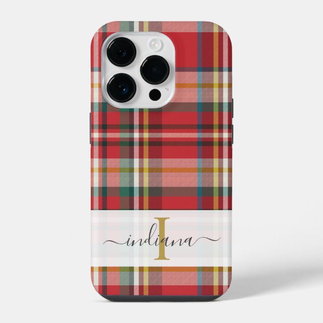 Monogram Script Name Plaid Red Pattern Rustic  iPhone Case (Back)