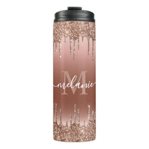 Monogram Script Name Rose Gold Glitter Drip Thermal Tumbler
