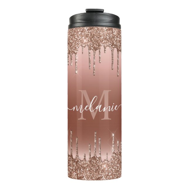 Monogram Script Name Rose Gold Glitter Drip Thermal Tumbler (Front)