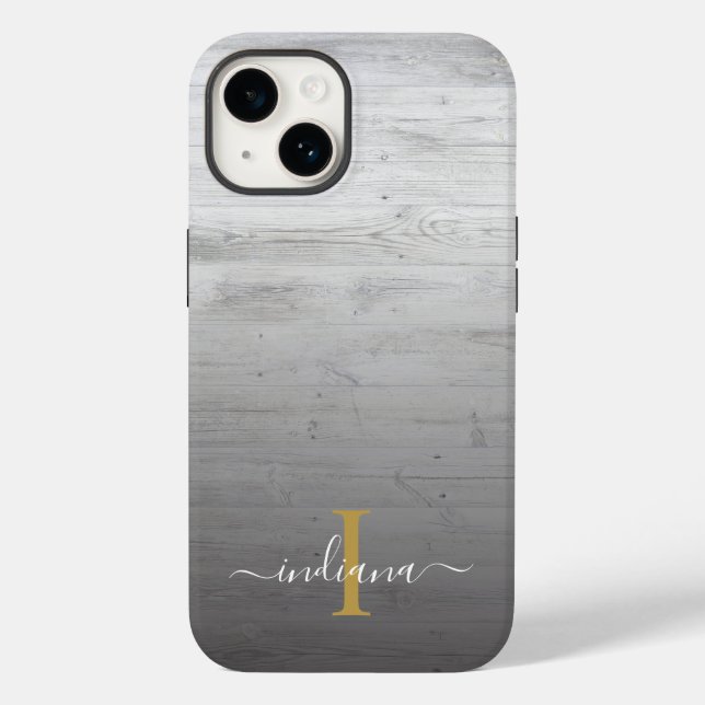 Monogram Script Name Rustic Printed Grey Wood Case-Mate iPhone Case (Back)