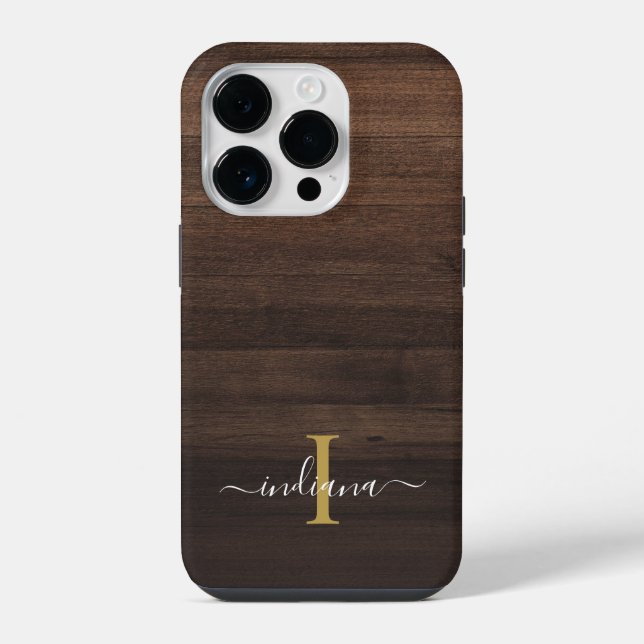 Monogram Script Name Rustic Printed Wood iPhone Case (Back)
