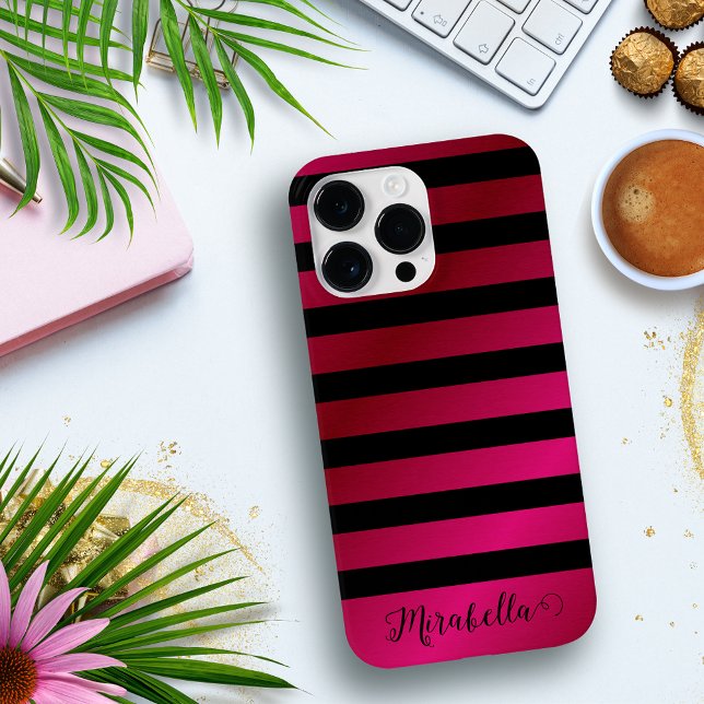 Monogram Script Name Stripes Pink and Black iPhone Case (Creator Uploaded)