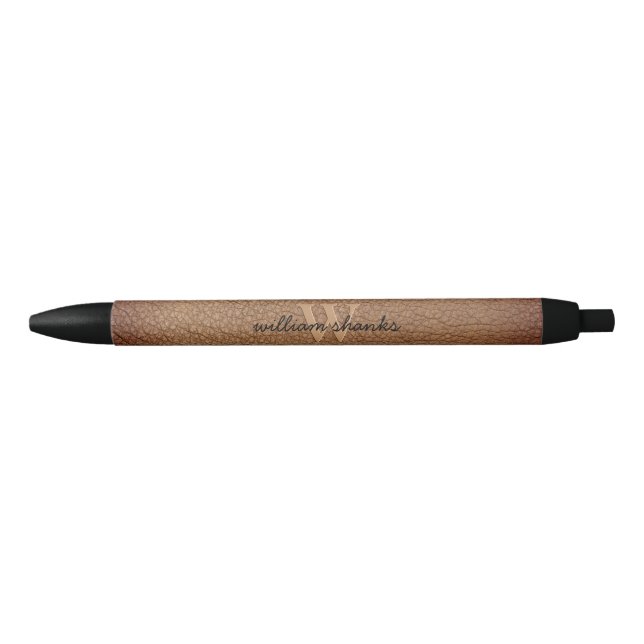 Monogram script name Stylish rustic brown leather Black Ink Pen (Front)