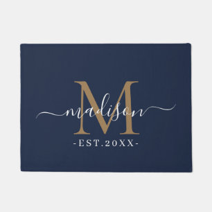 Monogram Script Names Chic Gold Wedding Date Navy Doormat