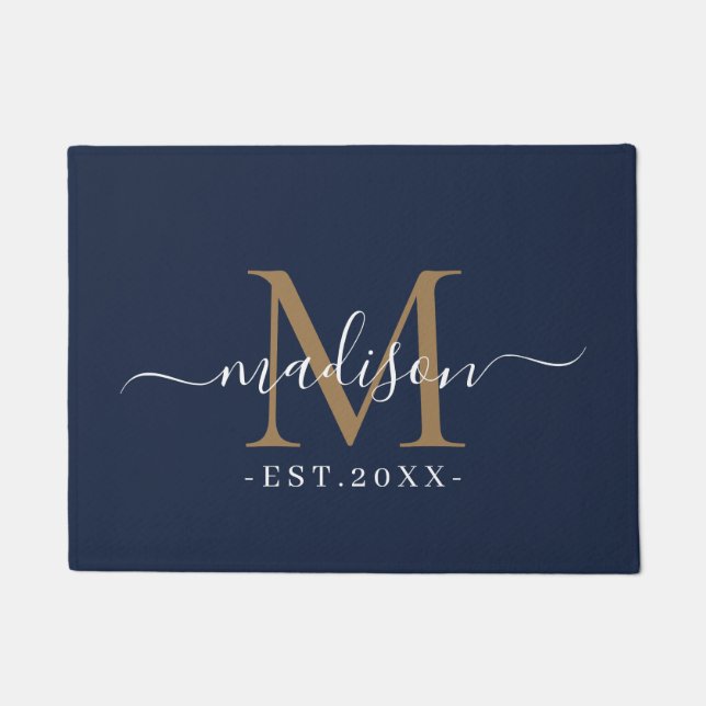 Monogram Script Names Chic Gold Wedding Date Navy Doormat (Front)