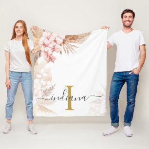 Monogram Script Pampas Grass Name Initial Palms Fleece Blanket
