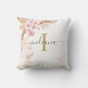 Monogram Script Pampas Grass Name Terracotta Cushion