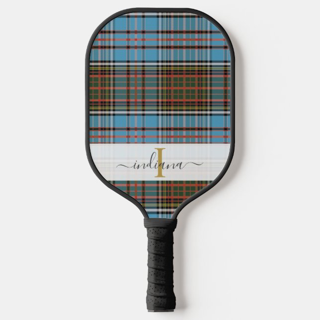 Monogram Script Plaid Classic Purple Tartan Pickleball Paddle (Front)