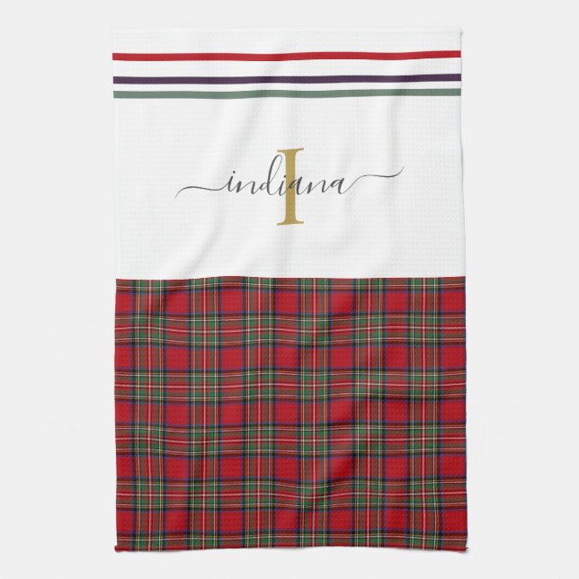 Monogram Script Plaid Tartan Stewart Rustic Tea Towel (Vertical)