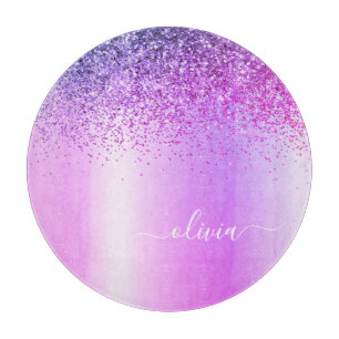 Monogram Script Purple Black Glitter Girly Name Cutting Board