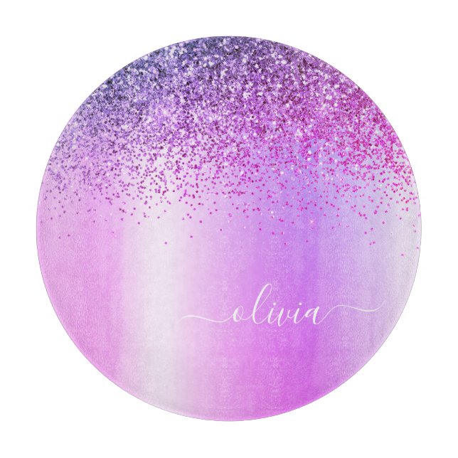 Monogram Script Purple Black Glitter Girly Name Cutting Board (Front)