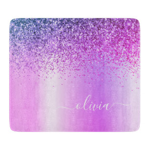 Monogram Script Purple Glitter Girly Name Cutting Board