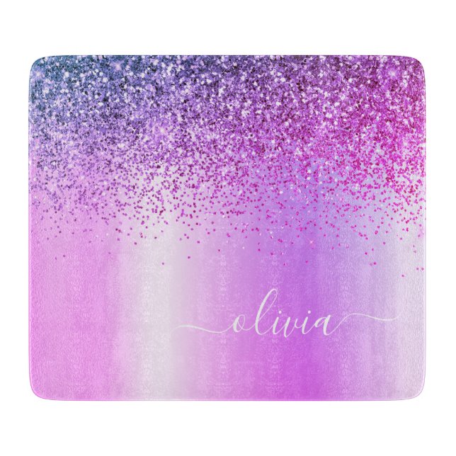 Monogram Script Purple Glitter Girly Name Cutting Board (Front)