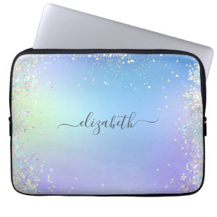 Monogram Script Rainbow Glitter Blue Purple  Laptop Sleeve