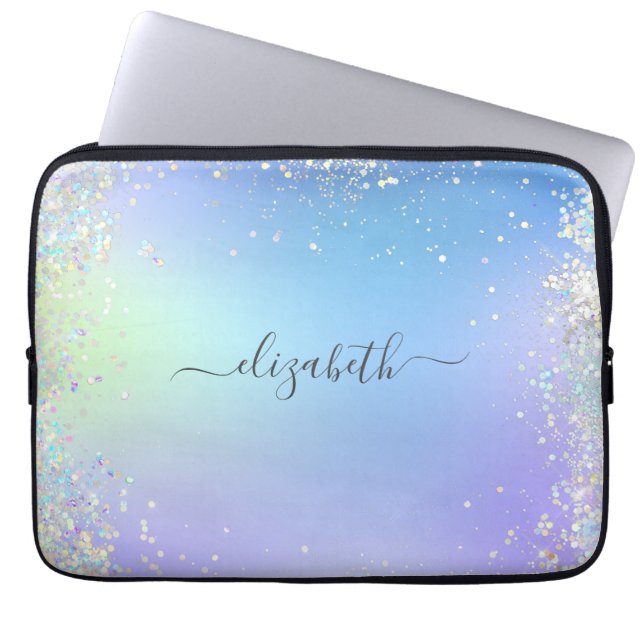 Monogram Script Rainbow Glitter Blue Purple  Laptop Sleeve (Front)