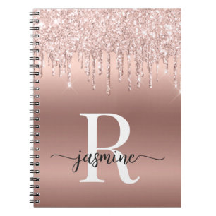 Monogram Script Rose Gold Metal Glitter Drips Notebook